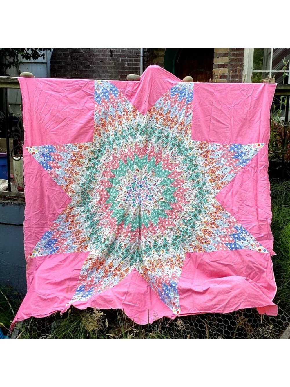 Vintage Lone Star Quilt Top Only Unfinished  Large 80” x 80" Handmade Feed Sack